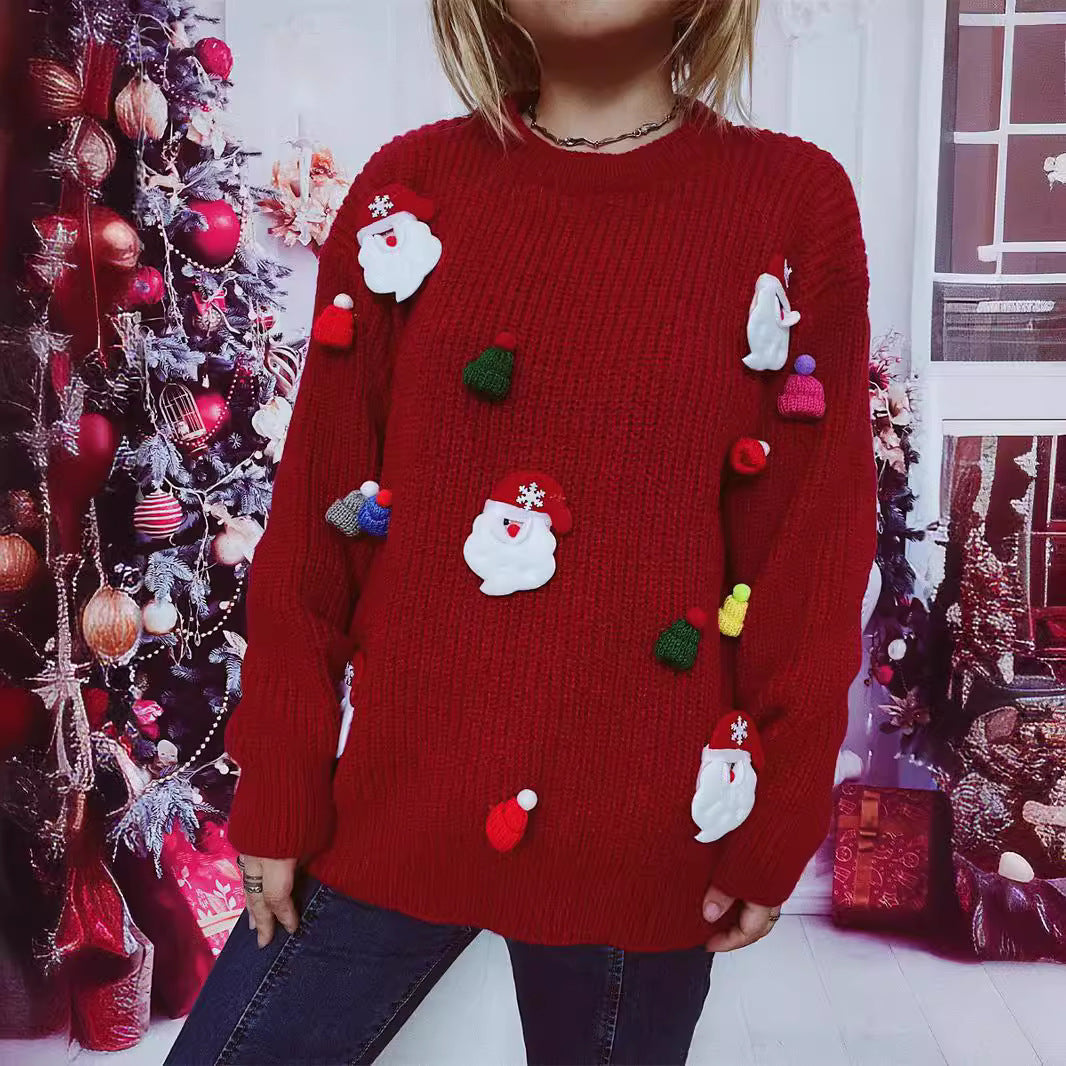 Women's Christmas Sweater with Festive Santa Motif and Textured Knit Quality