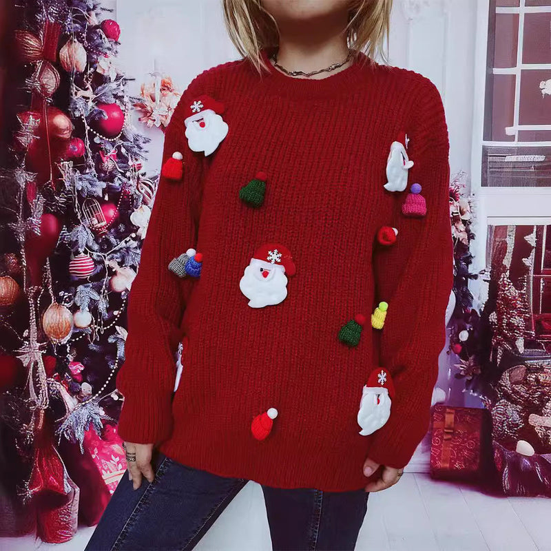 Women's Christmas Sweater with Festive Santa Motif and Textured Knit Quality
