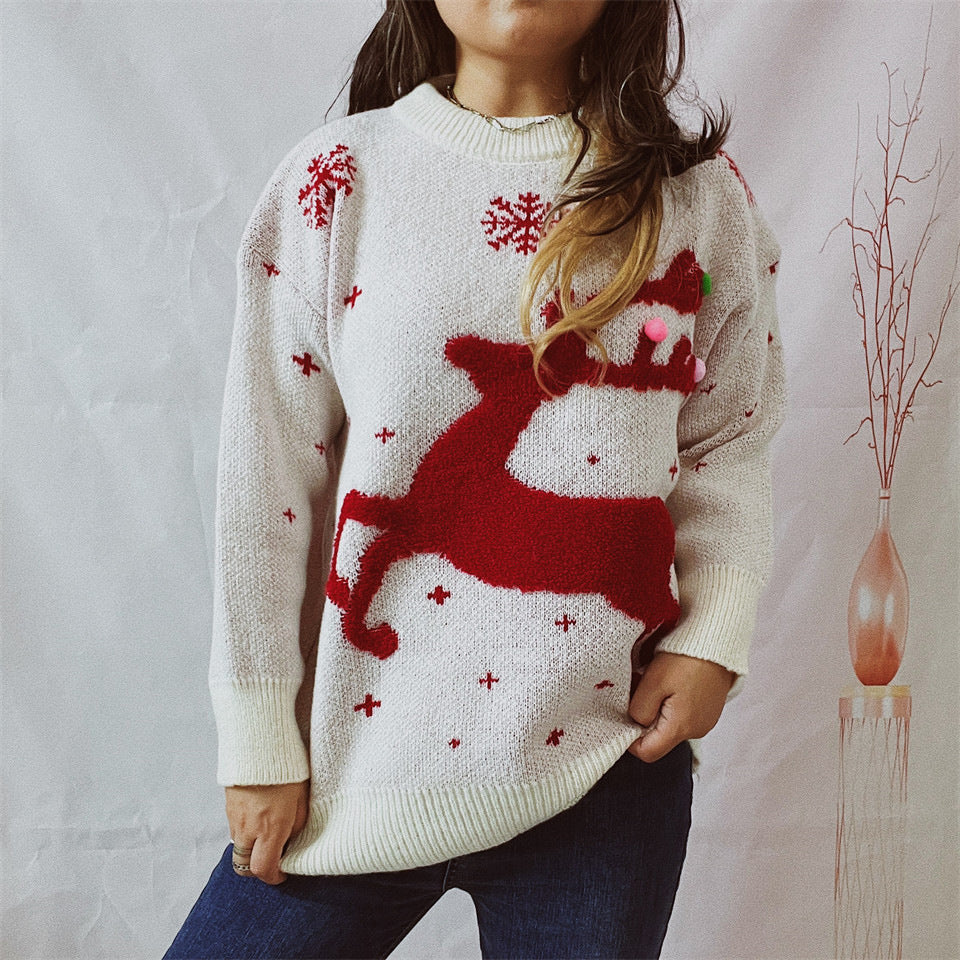 Women's Festive Sweater with Creative Reindeer Motif and Textured Knit R&B