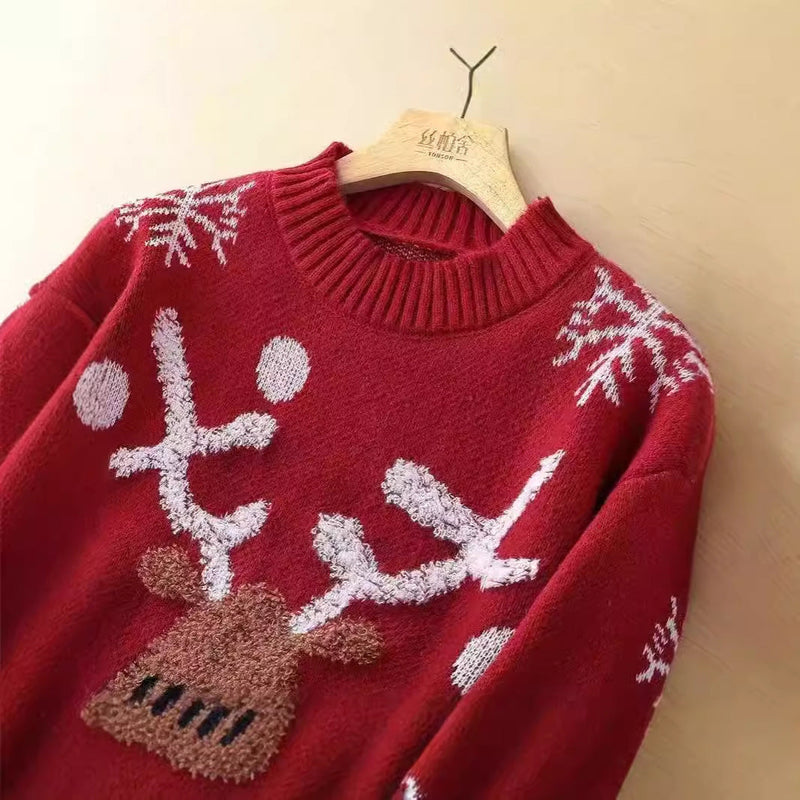 Women's Festive Knit Sweater with Reindeer Motif and Snowflakes R&B