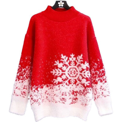 Women's Chunky Knit Sweater with Festive Snowflake Motif and Soft Collar