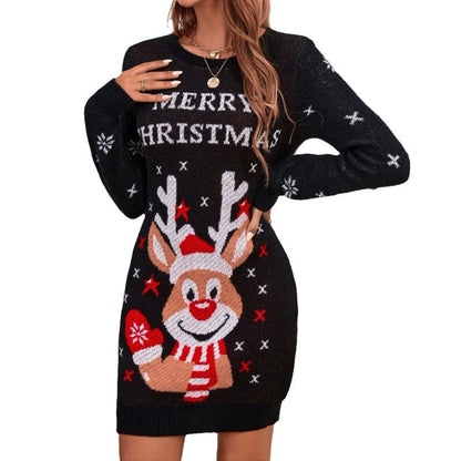 Women's Knit Dress with Festive Reindeer Motif and Soft Material