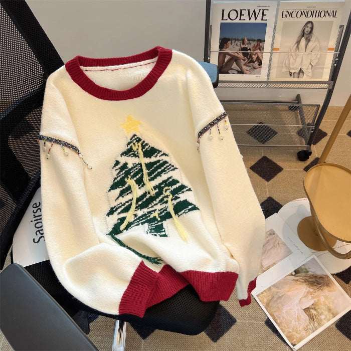 Women's Festive Knit Sweater with Fir Tree Motif and Playful Accents R&B