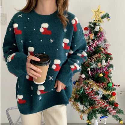 Women's Christmas Sweater with Festive Sock Design