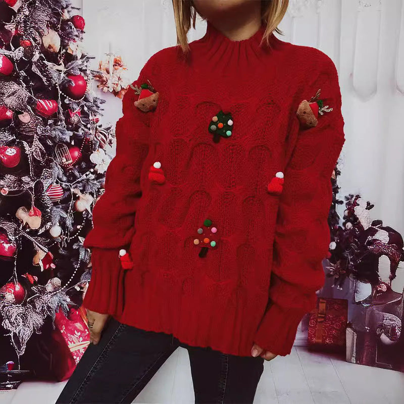 Women's Winter Sweater with Festive Motif and Textured Knit