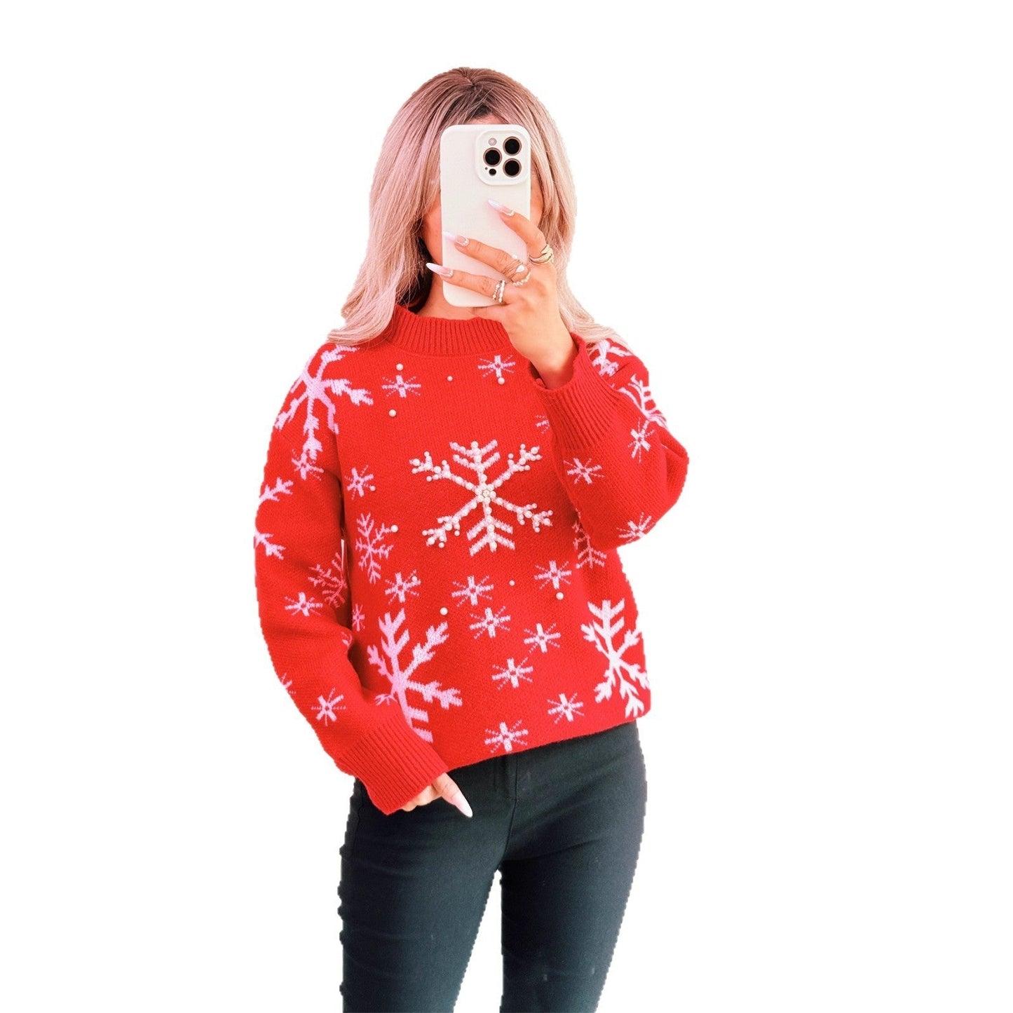 Women's Christmas Sweater with Festive Snow Pattern and High Collar R&B