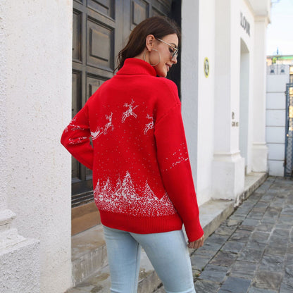 Women's Cozy Christmas Sweater with High Collar and Festive Motif R&B