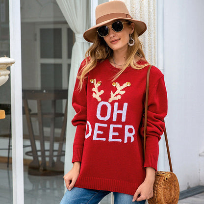 Women's Christmas Sweater with Festive Reindeer Design and Button Details