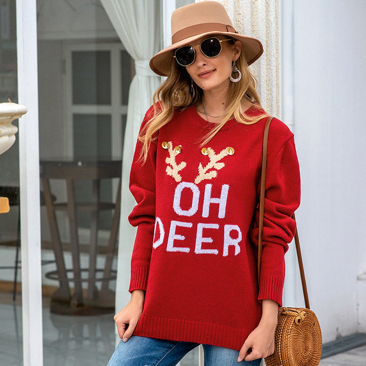 Women's Christmas Sweater with Festive Reindeer Design and Button Details