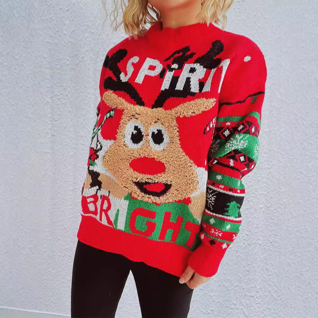 Women's Christmas Sweater with Cheerful Reindeer Motif and Eye-Catching Knit Pattern