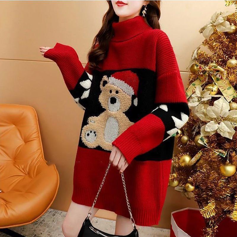 Women's Cozy Turtleneck Sweater with Festive Bear Motif