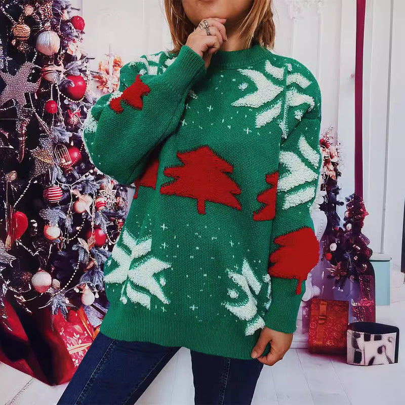 Women's Casual Sweater with Festive Winter Motif