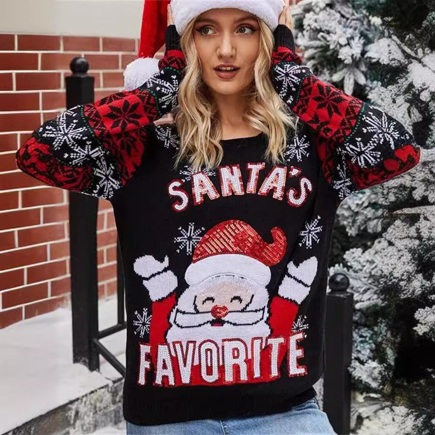 Women's Christmas Sweater with Festive Santa Motif and Shiny Details
