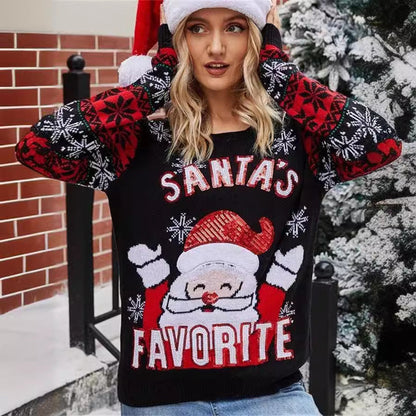 Women's Christmas Sweater with Festive Santa Motif and Shiny Details