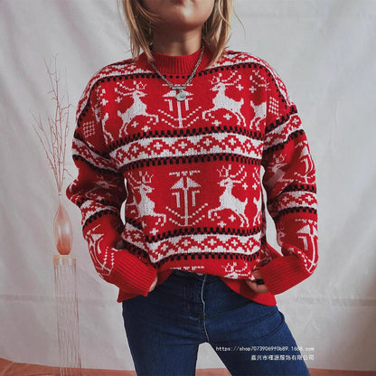 Women's Christmas Sweater in Festive Norwegian Pattern with Crew Neck