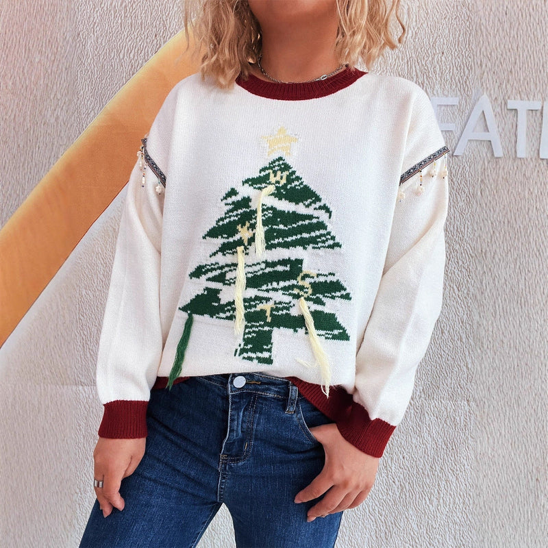 Women's Christmas Sweater with Festive Tree Motif and Elegant Details R&B