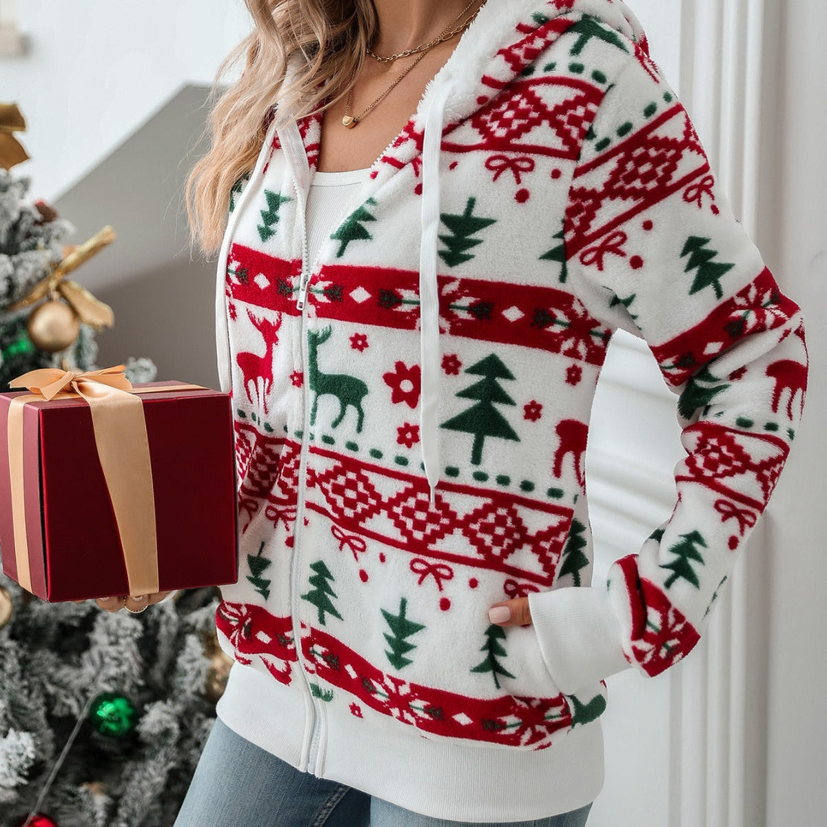 Women's Cozy Hooded Sweater with Festive Motif