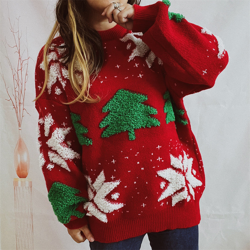 Women's Christmas Sweater with Festive Motif and Voluminous Sleeves