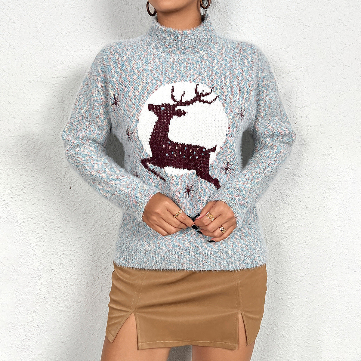 Women's Cozy Christmas Sweater with High Collar and Festive Reindeer Motif