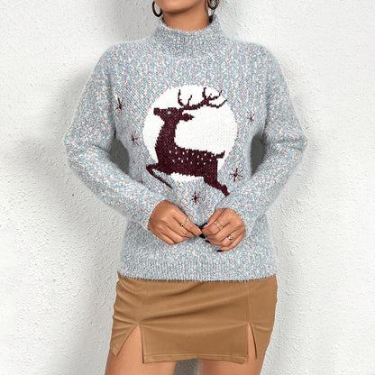 Women's Cozy Christmas Sweater with High Collar and Festive Reindeer Motif