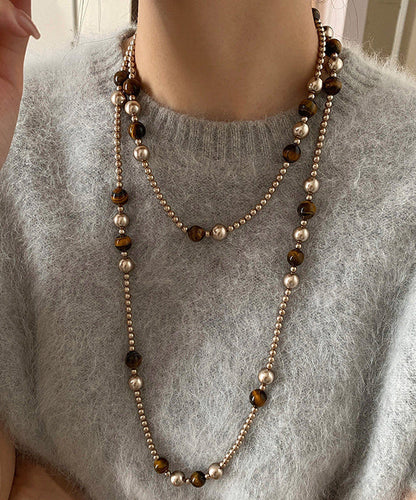 Original Design Coffee Tiger's Eye Stone Ball Double Tier Copper Long Necklace