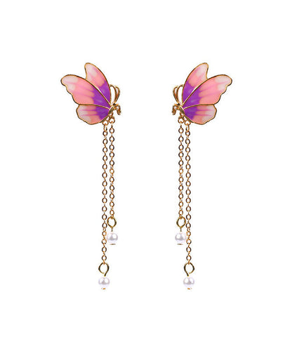 Original Design Gradient Color Ancient Gold Pearl Butterfly Tassel Earrings
