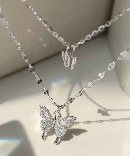 Original Design Silk Sterling Silver Double Layer Butterfly Pendant Necklace Et015