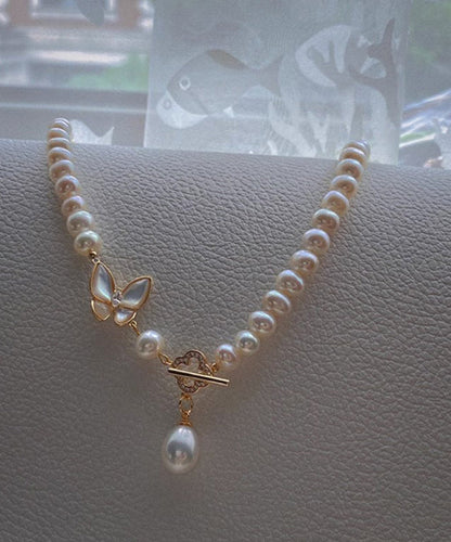 Original Design White Alloy Zircon Pearl Butterfly Pendant Necklace