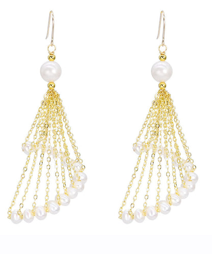 Oversize 14k Gold Pearl Tassel Drop Earrings