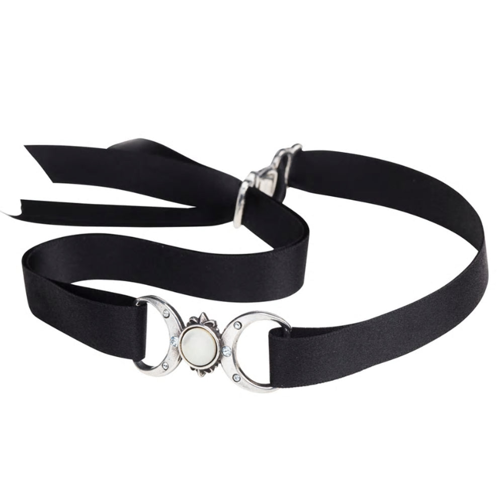 Triple Goddess Moon Pearl Ribbon Choker Necklace by Alchemy Gothic