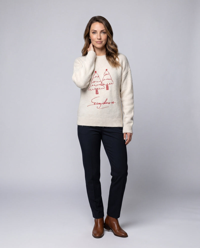 Women's Cozy Oversized Sweater with Mohair Effect and Minimalist Christmas Embroidery
