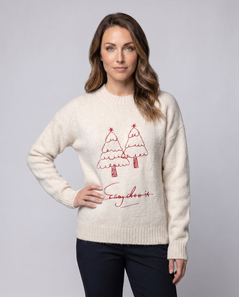 Women's Cozy Oversized Sweater with Mohair Effect and Minimalist Christmas Embroidery
