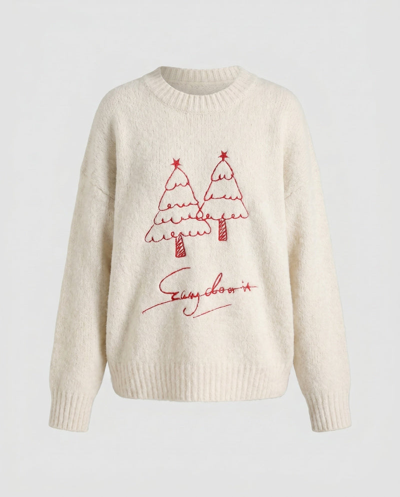 Women's Cozy Oversized Sweater with Mohair Effect and Minimalist Christmas Embroidery