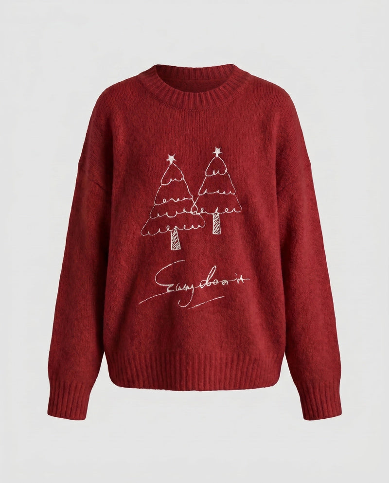 Women's Cozy Oversized Sweater with Mohair Effect and Minimalist Christmas Embroidery