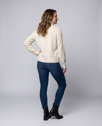 Women's Cozy Knit Sweater with Festive Pattern and High Collar