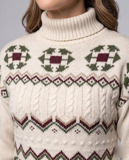Women's Cozy Knit Sweater with Festive Pattern and High Collar
