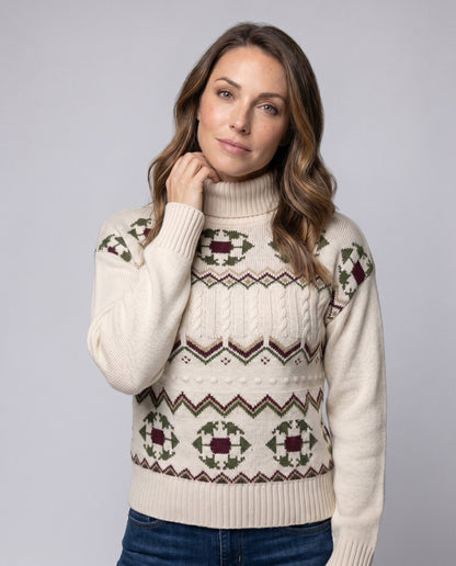 Women's Cozy Knit Sweater with Festive Pattern and High Collar