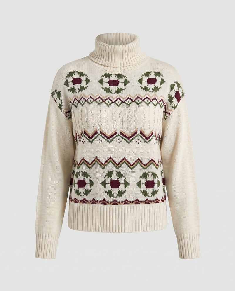 Women's Cozy Knit Sweater with Festive Pattern and High Collar