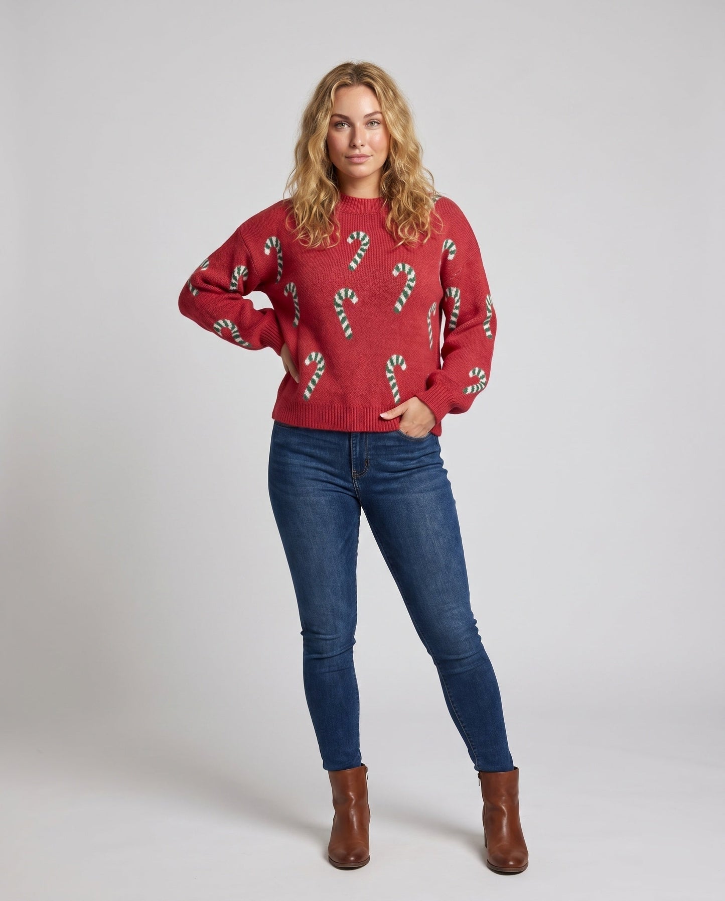 Women's Sweater with Festive Candy Cane Motif R&B