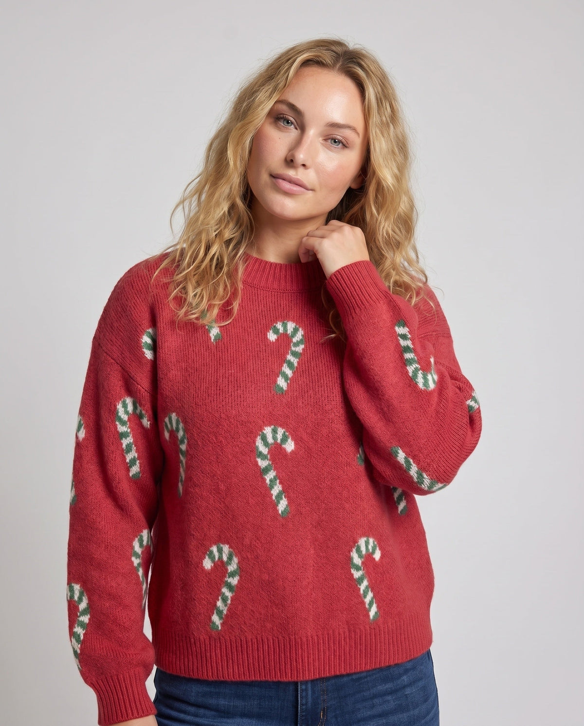 Women's Sweater with Festive Candy Cane Motif R&B