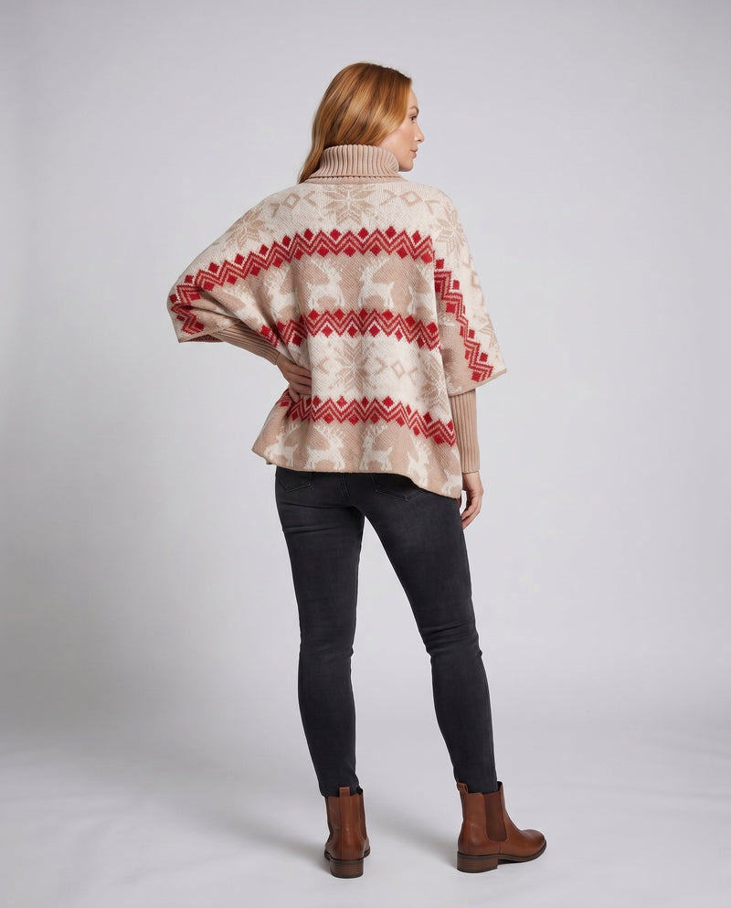 Women's Cozy Knit Sweater with High Stand-Up Collar and Festive Motif R&B