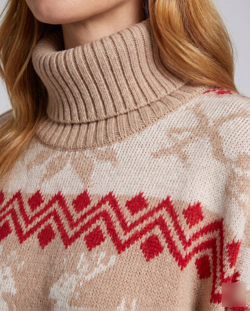 Women's Cozy Knit Sweater with High Stand-Up Collar and Festive Motif R&B