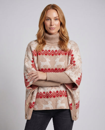 Women's Cozy Knit Sweater with High Stand-Up Collar and Festive Motif R&B