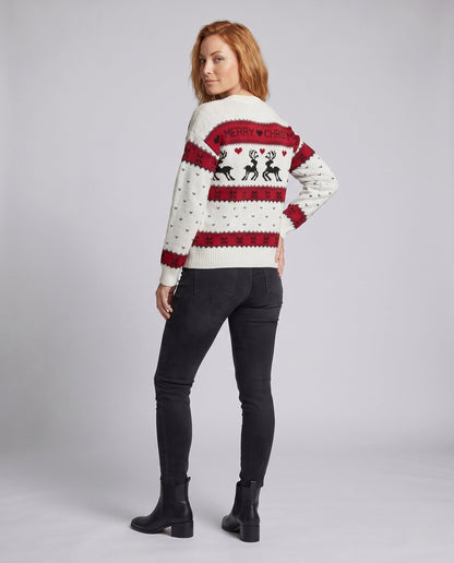 Women's Christmas Knit Sweater with Blue-White Motif and Crew Neck R&B