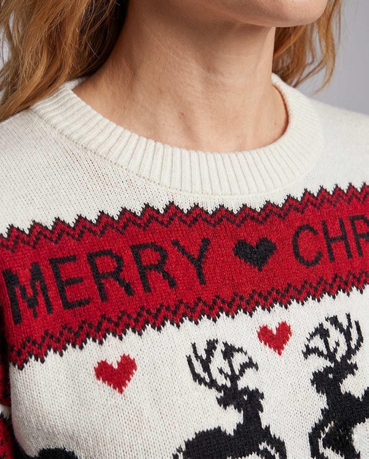 Women's Christmas Knit Sweater with Blue-White Motif and Crew Neck R&B