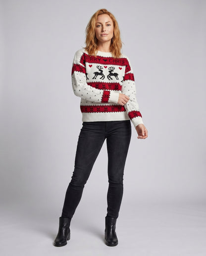 Women's Christmas Knit Sweater with Blue-White Motif and Crew Neck R&B