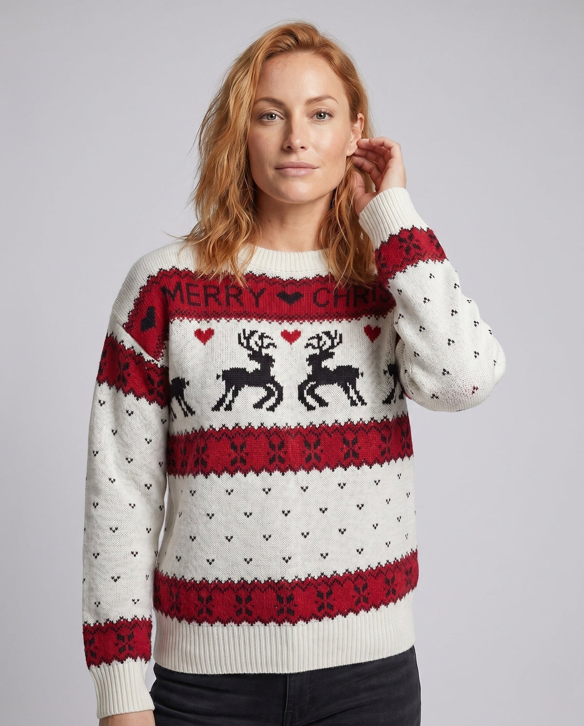Women's Christmas Knit Sweater with Blue-White Motif and Crew Neck R&B
