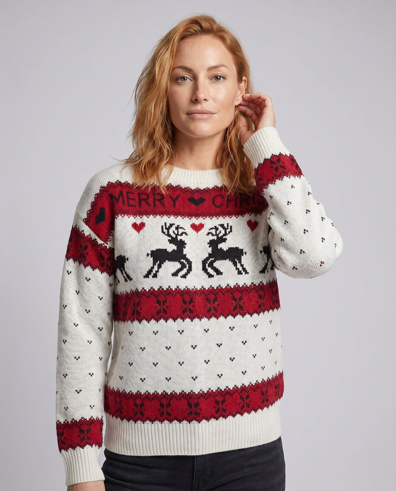 Women's Christmas Knit Sweater with Blue-White Motif and Crew Neck R&B