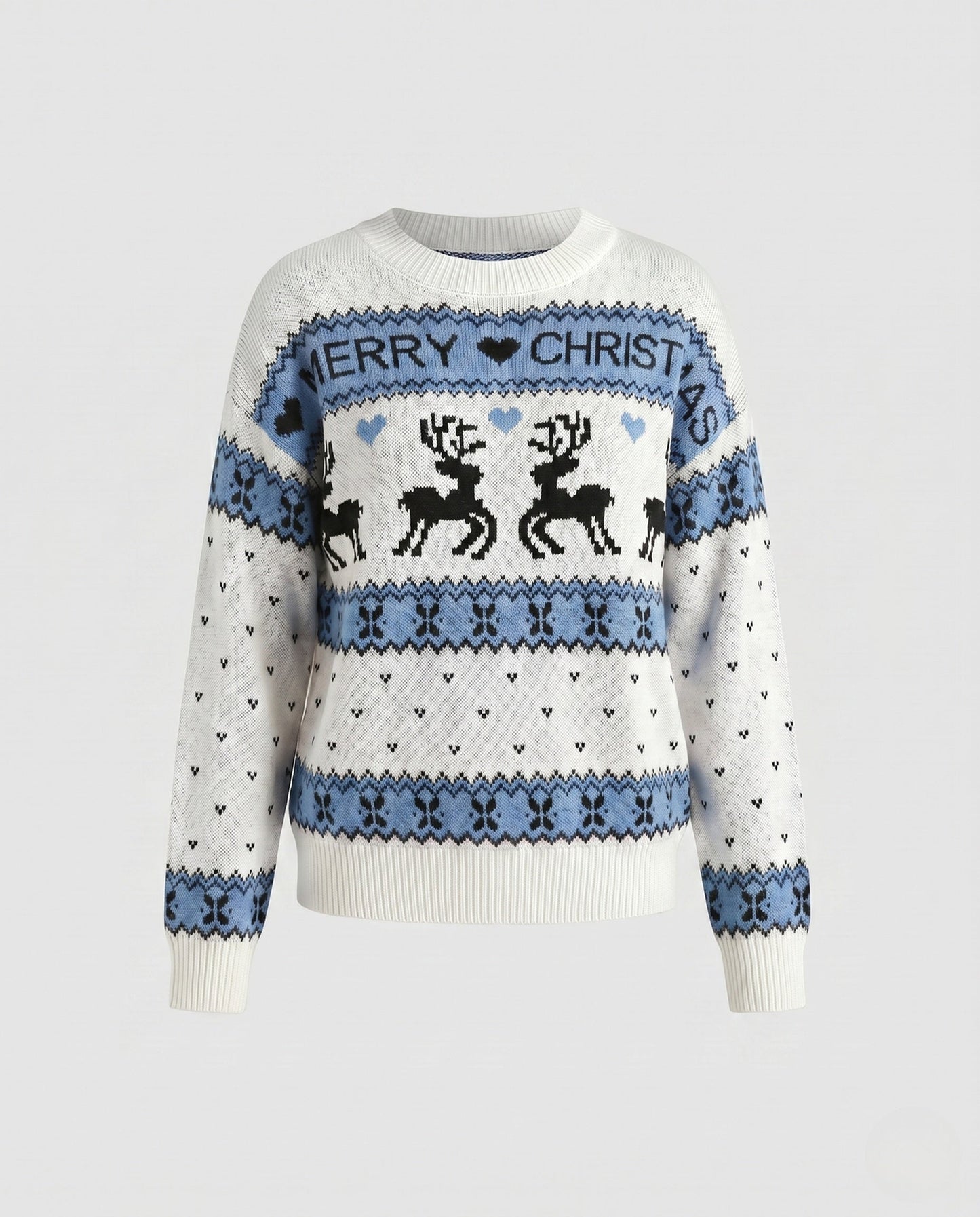 Women's Christmas Knit Sweater with Blue-White Motif and Crew Neck R&B