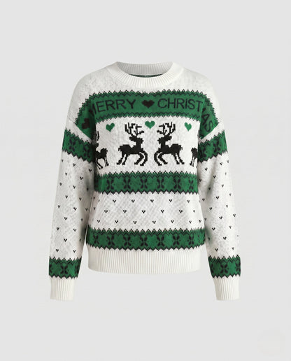 Women's Christmas Knit Sweater with Blue-White Motif and Crew Neck R&B